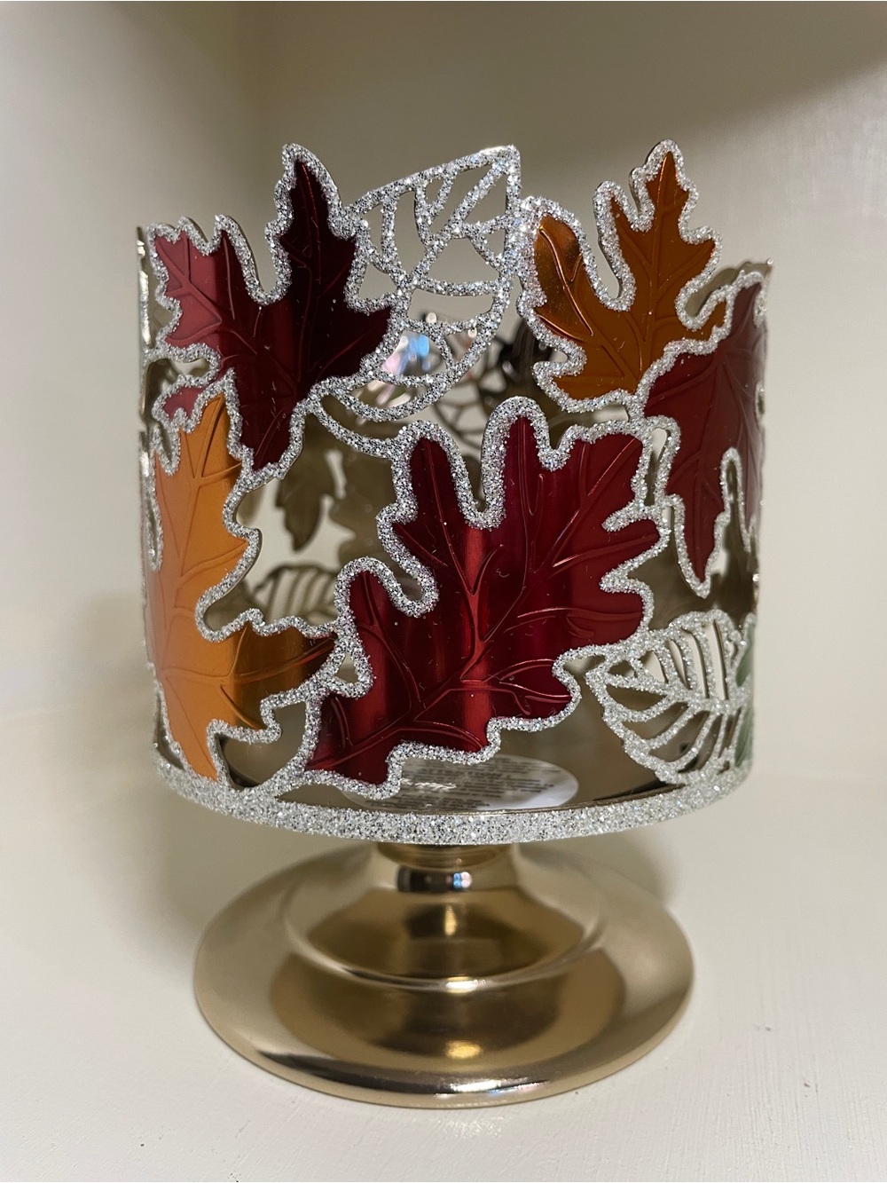 Festive Autumn Leaf Candle Holder in Red & Orange & Green with gold trim/ BBW